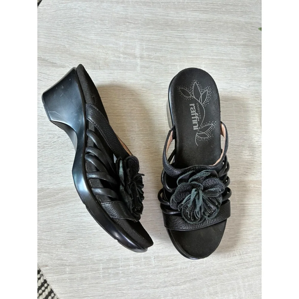Umberto Raffini Womens Black Leather Flower Wedge Slide Sandals Size 37